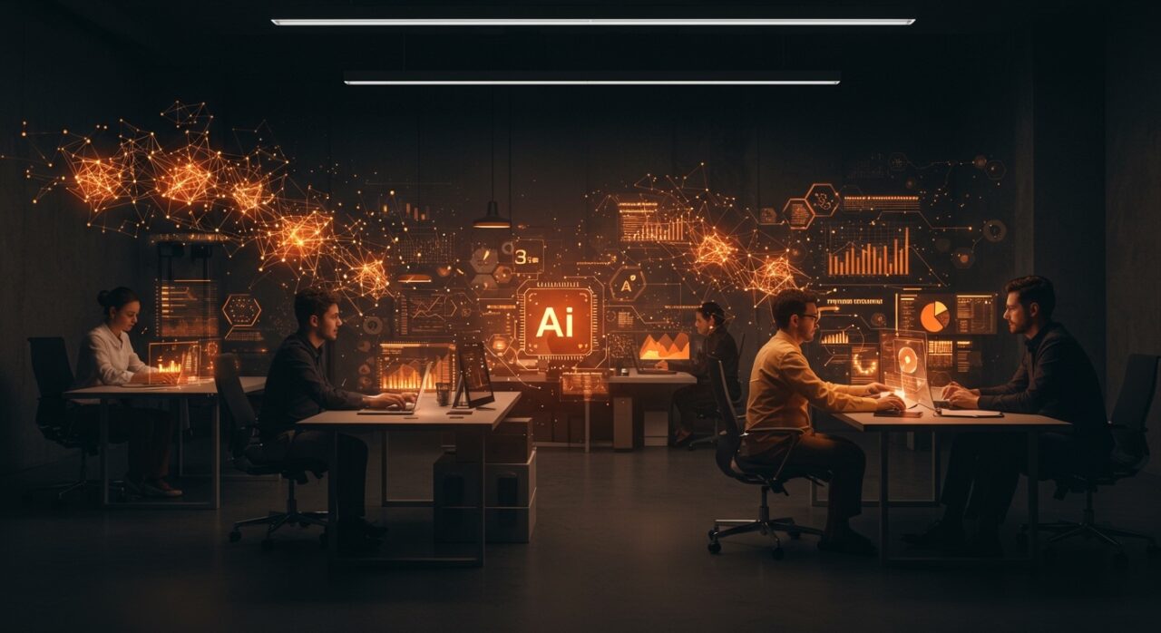 Colaboración empresarial utilizando plugins de IA aplicada para finanzas, ingeniería y diseño en un entorno digital innovador.