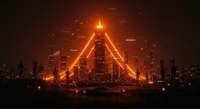 Visualización de la inversión en IA con edificio iluminado simbolizando la valoración de Anthropic y flujos de financiación en ecosistema de startups tecnológicas.