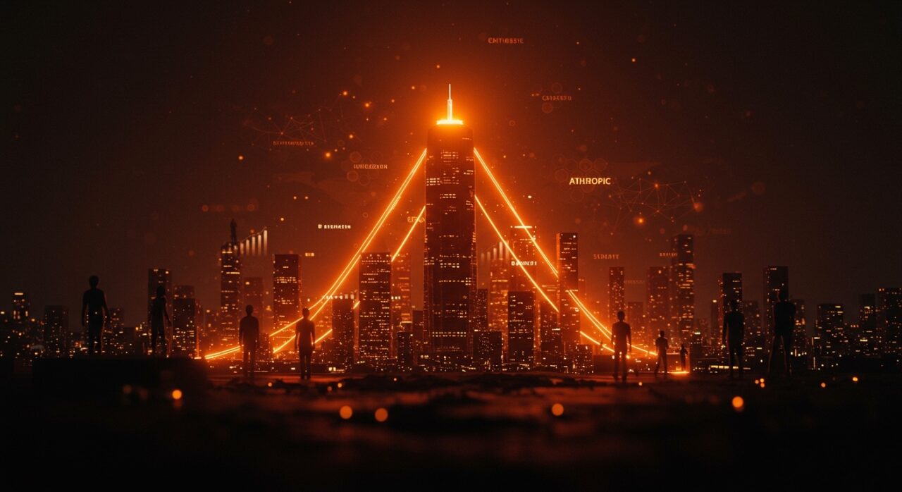 Visualización de la inversión en IA con edificio iluminado simbolizando la valoración de Anthropic y flujos de financiación en ecosistema de startups tecnológicas.