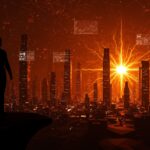 Líder visionario frente a ciudad digital con símbolos de financiación récord y crecimiento en inteligencia artificial generativa.