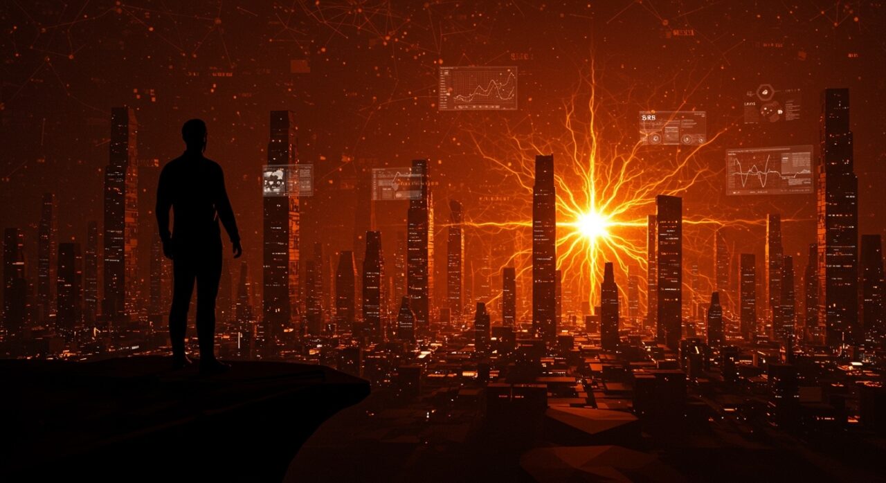 Líder visionario frente a ciudad digital con símbolos de financiación récord y crecimiento en inteligencia artificial generativa.