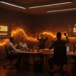 Celebración de ronda de financiación de $30 mil millones de Anthropic con visualización de inversión en inteligencia artificial y valoración de startup tecnológica.