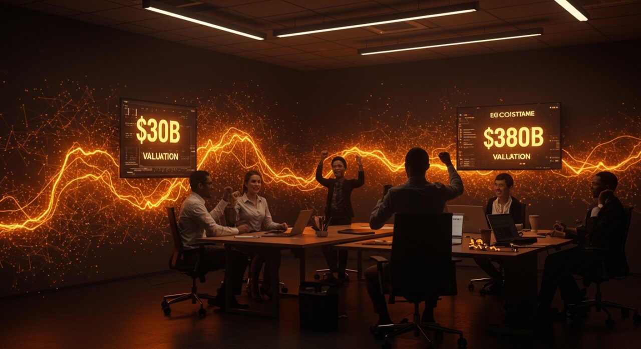 Celebración de ronda de financiación de $30 mil millones de Anthropic con visualización de inversión en inteligencia artificial y valoración de startup tecnológica.