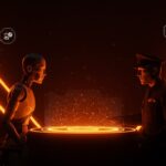 Conflicto entre Anthropic y el Pentágono por el uso militar de IA, representado con figuras digitales y militares en tonos naranja y negro.