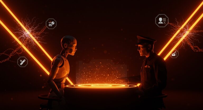 Conflicto entre Anthropic y el Pentágono por el uso militar de IA, representado con figuras digitales y militares en tonos naranja y negro.