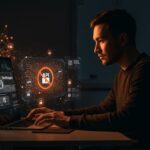 Desarrollador visualizando interfaz holográfica con tokens OAuth bloqueados, representando la política de Anthropic sobre integraciones seguras en Claude API.