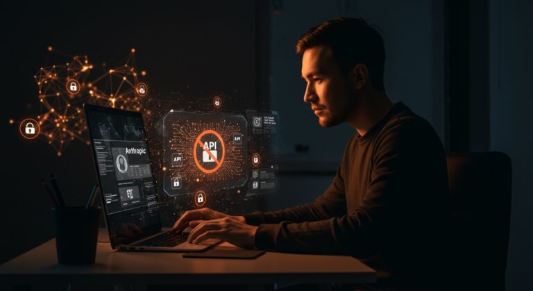 Desarrollador visualizando interfaz holográfica con tokens OAuth bloqueados, representando la política de Anthropic sobre integraciones seguras en Claude API.