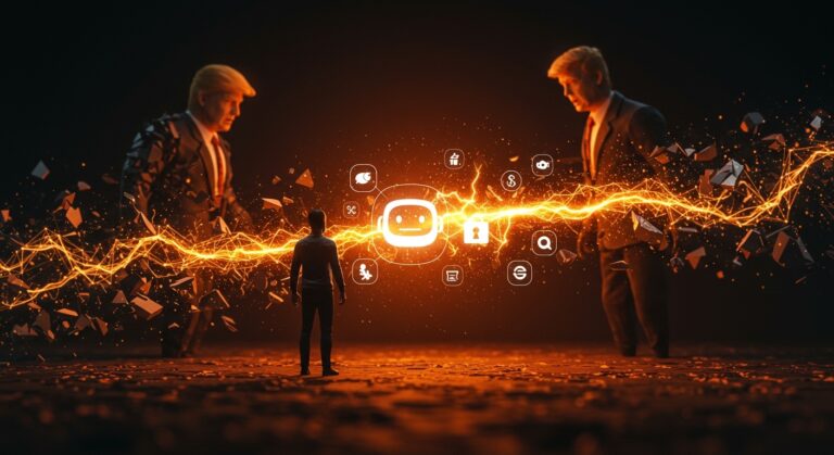 Representación visual del enfrentamiento entre Anthropic y Trump sobre regulación de inteligencia artificial y su impacto en startups y seguridad en IA.