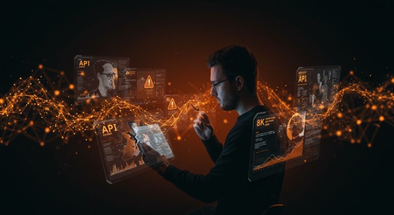 Founder tecnológico frente a paneles digitales que muestran interrupciones en la API de Anthropic, representando resiliencia y aprendizaje en startups de IA.