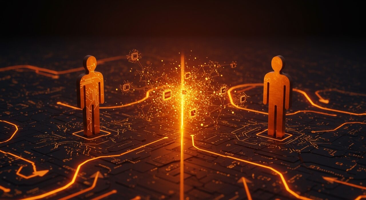 Ilustración simbólica de la ruptura Anthropic-Pentágono con redes neuronales y flujos de datos que representan la diversificación en modelos de inteligencia artificial para startups tecnológicas.