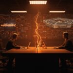 Conflicto ético y de contratos entre Anthropic y el Pentágono en inteligencia artificial militar, representado con metáforas visuales de IA y regulación.