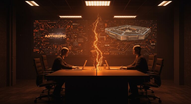 Conflicto ético y de contratos entre Anthropic y el Pentágono en inteligencia artificial militar, representado con metáforas visuales de IA y regulación.