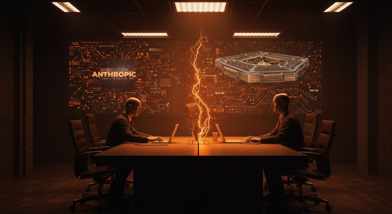 Conflicto ético y de contratos entre Anthropic y el Pentágono en inteligencia artificial militar, representado con metáforas visuales de IA y regulación.