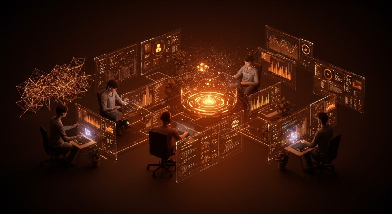 Desarrolladores colaborando en aplicaciones nativas con IA aplicada y automatización en el ecosistema tecnológico startup.