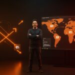 Founder latinoamericano frente a interfaces digitales con representaciones del App Store alternativo y reducción de comisiones en el ecosistema startup LATAM.