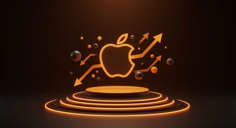 Escenario futurista con símbolo de Apple resaltando innovación y nueva estrategia de lanzamiento en el ecosistema tech startup.