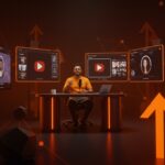 Experiencia mejorada de video en Apple Podcasts representada con creador de contenido y ecosistema digital en tonos naranjas y negros.