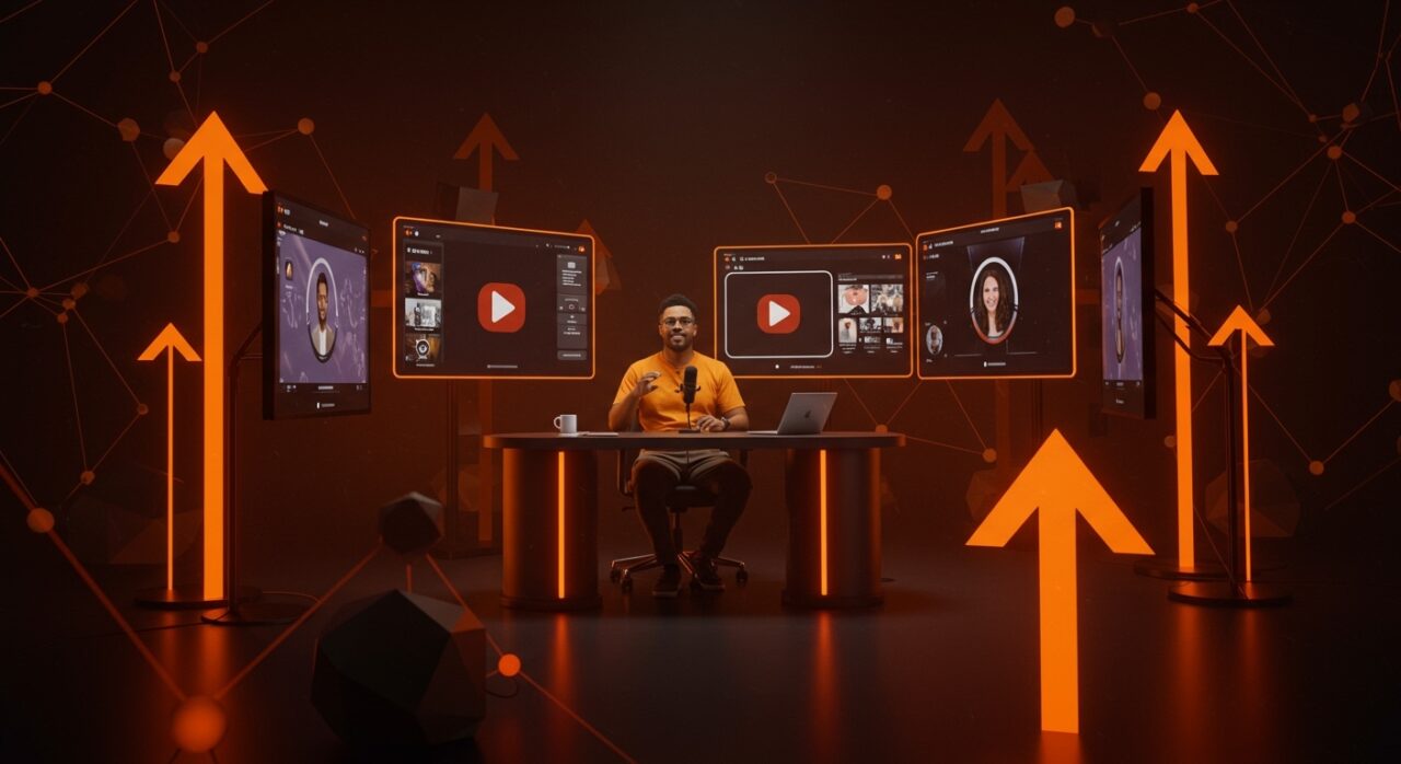 Experiencia mejorada de video en Apple Podcasts representada con creador de contenido y ecosistema digital en tonos naranjas y negros.