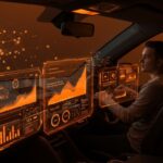 Software de conducción autónoma de Applied Intuition representado por un vehículo futurista con interfaces digitales y un fundador observando datos, ilustrando innovación en movilidad autónoma y startups tecnológicas.