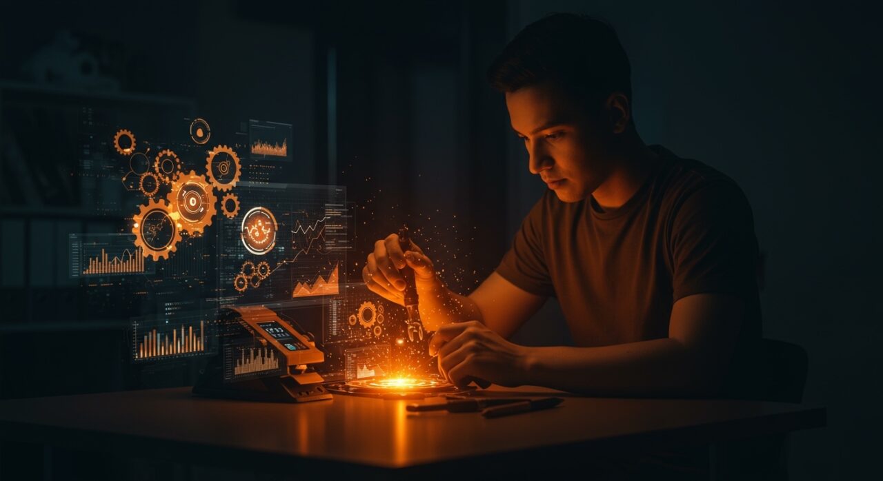 Fundador arreglando herramientas de desarrollo simbolizando debugging y aumento de productividad en startups tech.