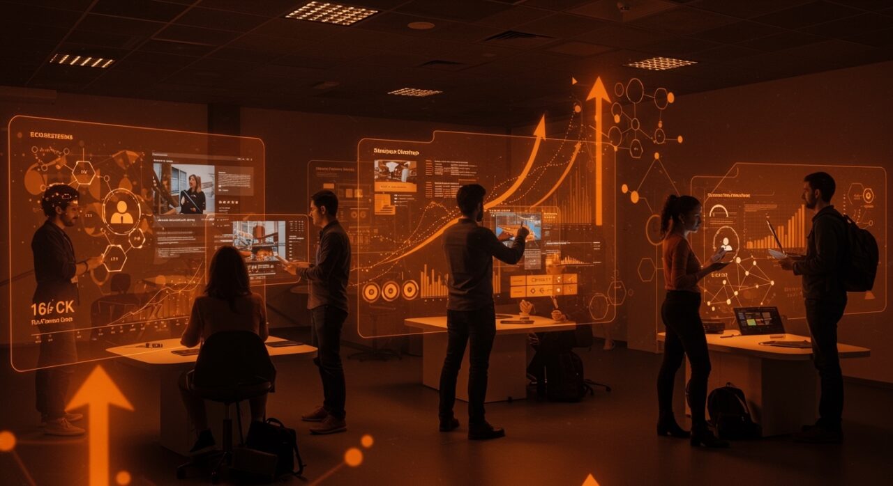 Emprendedores tecnológicos colaborando en un espacio innovador de la Universidad de Vigo con metáforas visuales del ecosistema emprendedor de Galicia.