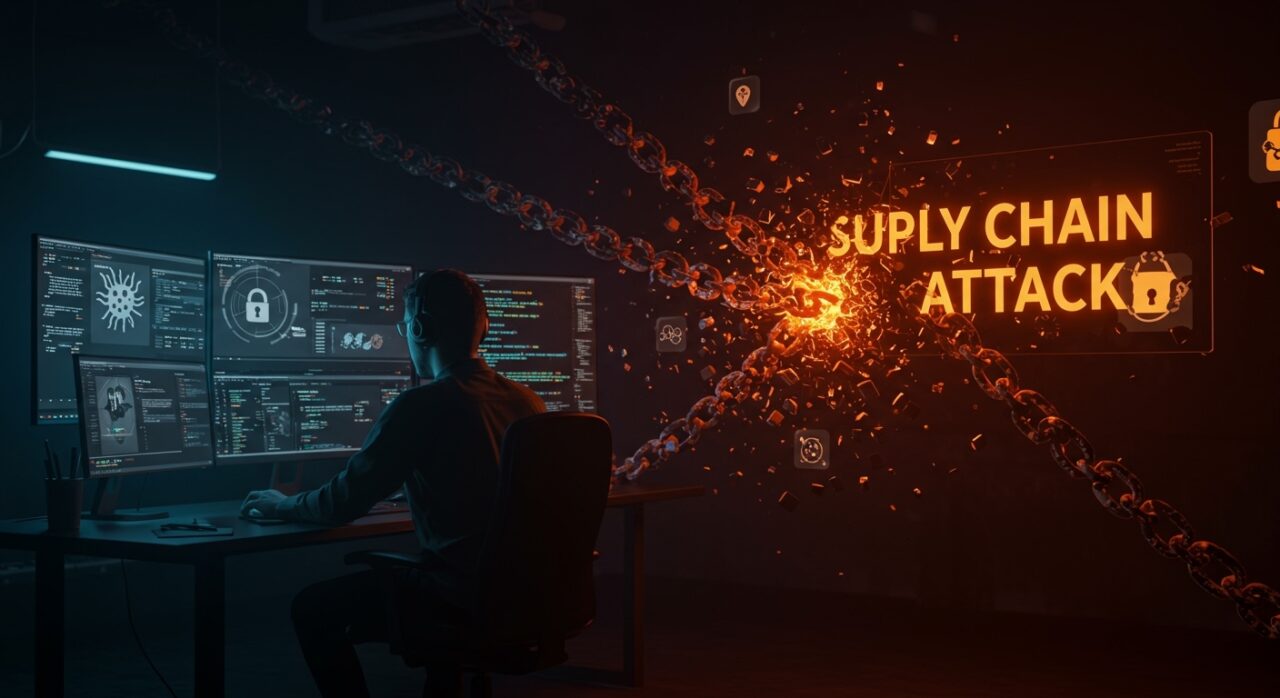 Ataque de cadena de suministro a Notepad++ representado con visuales de ciberseguridad y malware para startups tecnológicas.