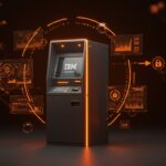 Cajero automático de IBM resaltado con luces naranjas, representando automatización bancaria y seguridad para fintech innovadoras.