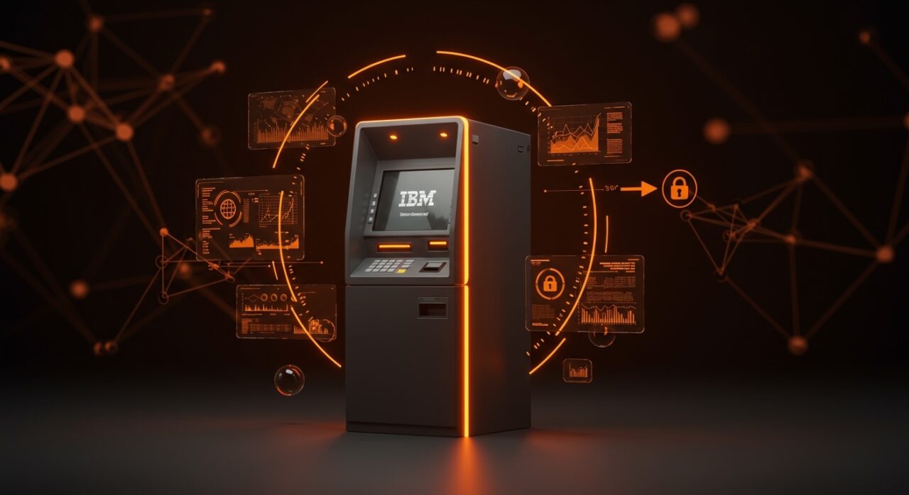 Cajero automático de IBM resaltado con luces naranjas, representando automatización bancaria y seguridad para fintech innovadoras.