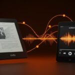Sincronización entre Audible y Kindle mostrando ebooks y audiobooks en dispositivos digitales, destacando innovación en contenido digital para startups.