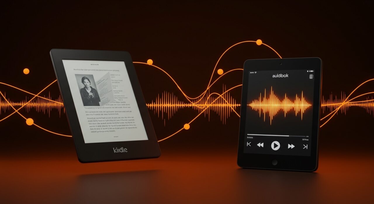 Sincronización entre Audible y Kindle mostrando ebooks y audiobooks en dispositivos digitales, destacando innovación en contenido digital para startups.