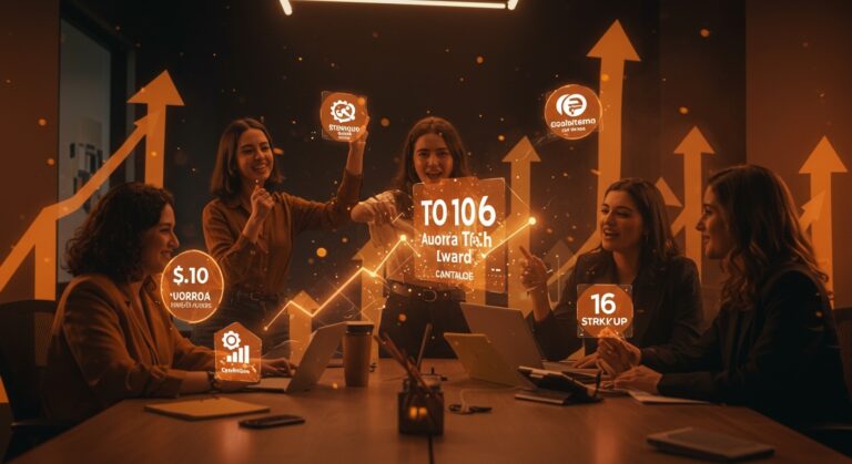 Top 10 startups lideradas por mujeres celebrando acceso a funding no dilutivo y venture capital en Santiago para Aurora Tech Award 2026.