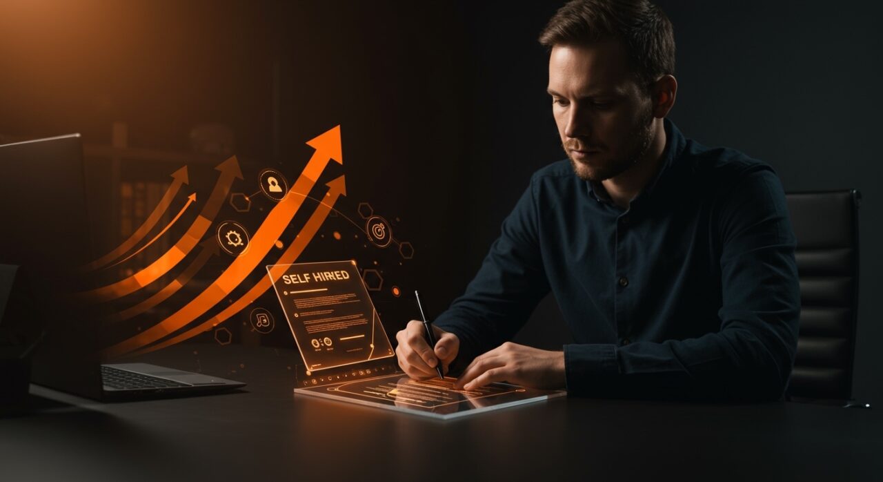 Founder auto-contratándose en una herramienta digital, simbolizando disciplina y accountability personal para cumplir metas en startups.