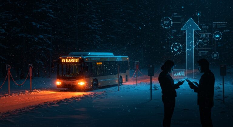 Autobús eléctrico en Vermont con infraestructura de carga, representando desafíos y oportunidades para startups de movilidad sostenible.