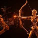 Autómata arquero mecánico articulado ilustrando conceptos de automatización mecánica, prototipado y manufactura digital para startups hardware.