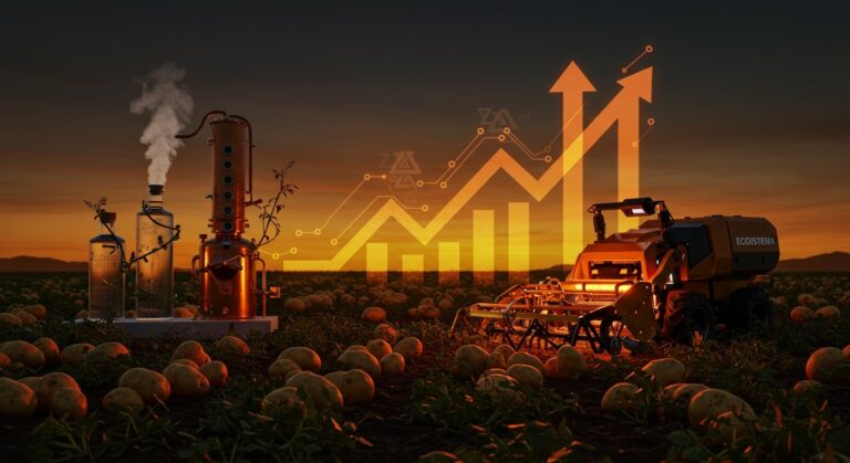 Automatización agrícola innovadora con robot cosechando papas nativas en Perú para producción sostenible de vodka premium.