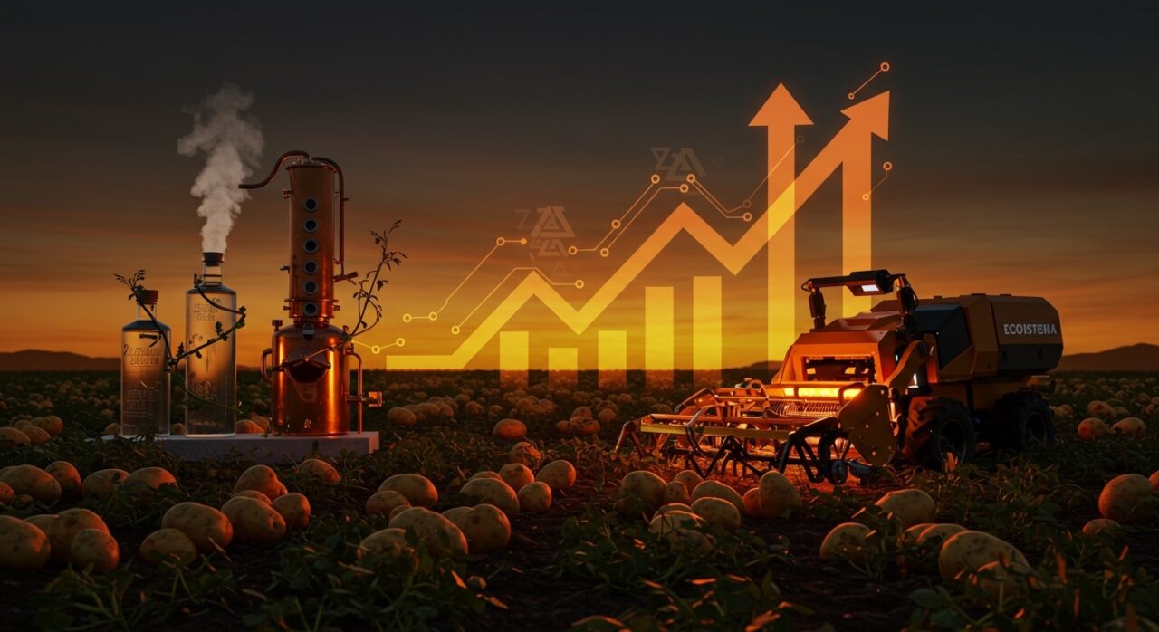 Automatización agrícola innovadora con robot cosechando papas nativas en Perú para producción sostenible de vodka premium.