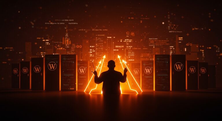 Automattic cobrando regalías a empresas de hosting WordPress en un mercado competitivo, representado mediante datos digitales y metáforas visuales de licencias y open source.