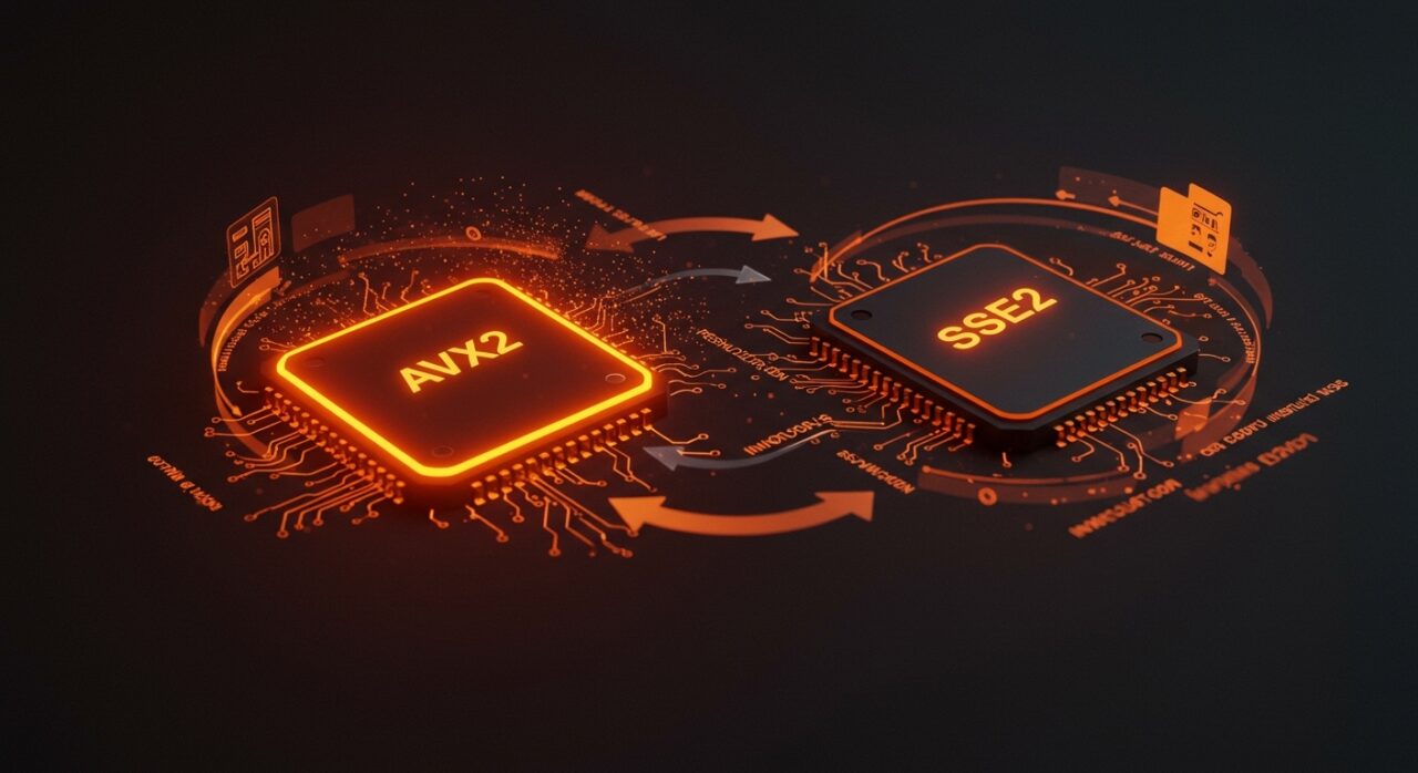 Comparativa visual entre AVX2 y SSE2 en Windows ARM ilustrando impacto en rendimiento y optimización de software multiplataforma.