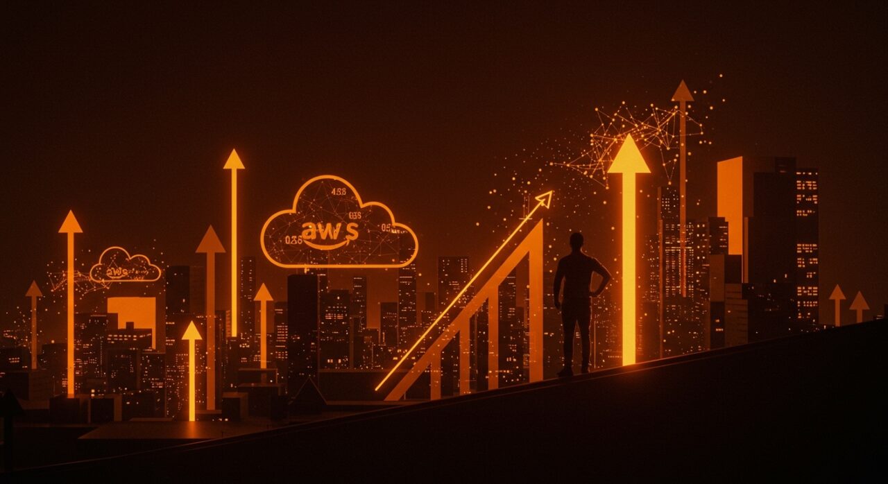 Crecimiento de ingresos de AWS impulsado por IA, mostrando infraestructura cloud y escalabilidad para startups tecnológicas.