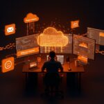 Founder de startup preocupado frente a pantallas con alertas de facturación y suspensión en AWS, metáfora visual de gestión de costos y suspensión en la nube.