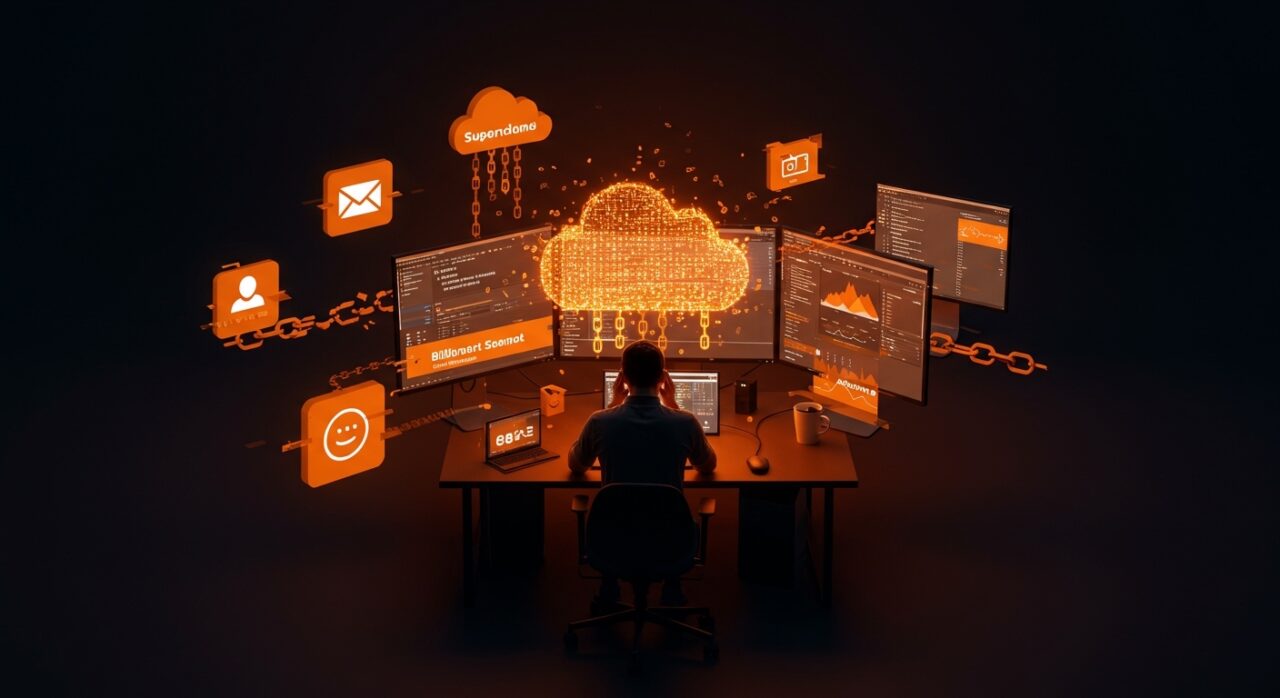 Founder de startup preocupado frente a pantallas con alertas de facturación y suspensión en AWS, metáfora visual de gestión de costos y suspensión en la nube.