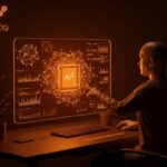 Interfaz futurista de Axiom OS mostrando matemáticas nativas e inteligencia artificial neurosimbólica para computación avanzada.