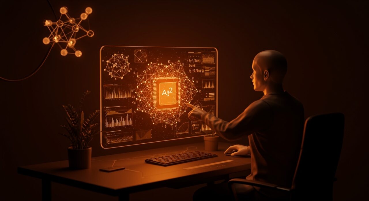 Interfaz futurista de Axiom OS mostrando matemáticas nativas e inteligencia artificial neurosimbólica para computación avanzada.