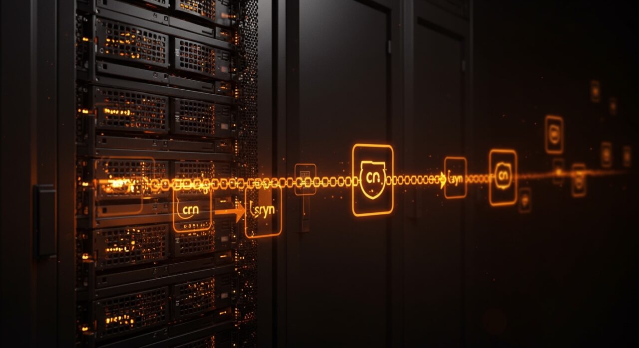 Servidor Linux con flujo de datos automatizados y backups incrementales usando rsync representando protección y sincronización en startups.