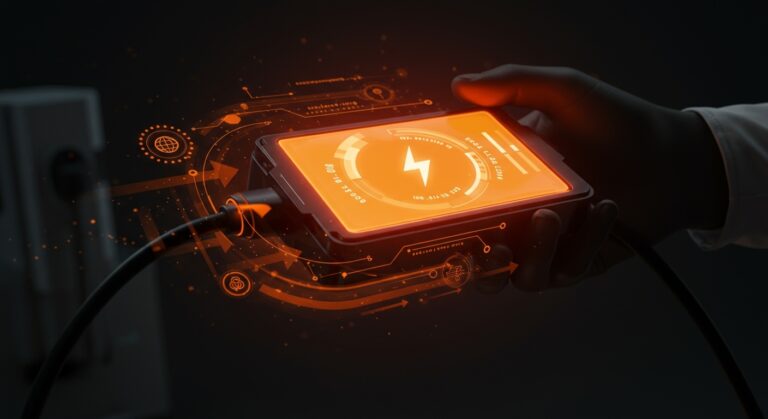 Batería de estado sólido con carga rápida en laboratorio tecnológico representando innovación en movilidad eléctrica y almacenamiento energético.