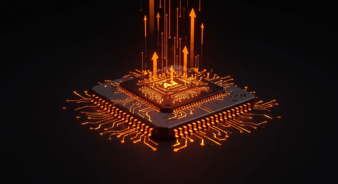 Inversión de Benchmark Capital en Cerebras, mostrando hardware de IA avanzado iluminado en tonos naranja y negro representando funding y competencia con Nvidia.