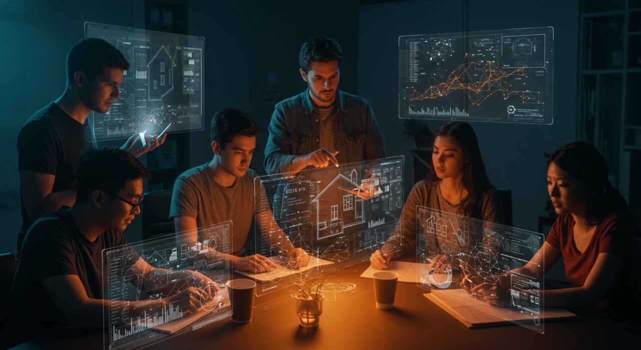 Interns y fundadores tecnológicos colaborando en planos de construcción potenciados por inteligencia artificial para vivienda accesible.