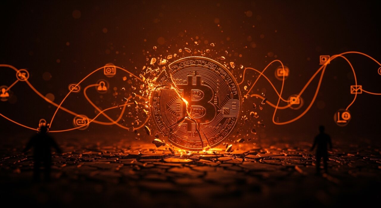 Colapso simbólico de Bitcoin con advertencia de Michael Burry y riesgo especulativo en el mercado cripto para startups tecnológicas.