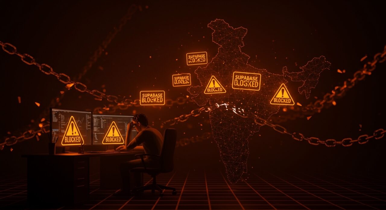 Impacto del bloqueo de Supabase en India mostrando desarrolladores afectados y disrupción en el ecosistema startup tecnológico.