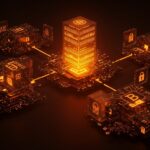 Ilustración conceptual de la ilusión de descentralización en Bluesky y ATProto mostrando infraestructura centralizada y control de datos.